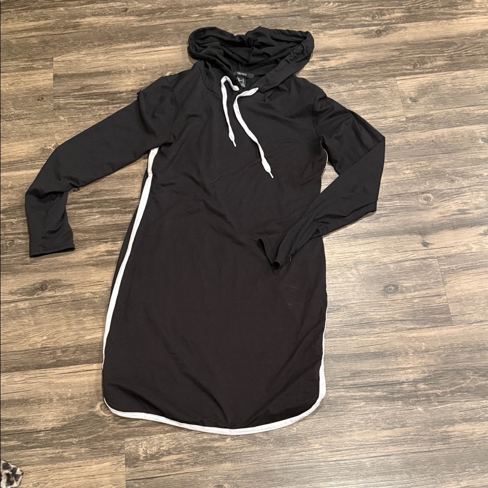 Black Hooded Dress with White Trim